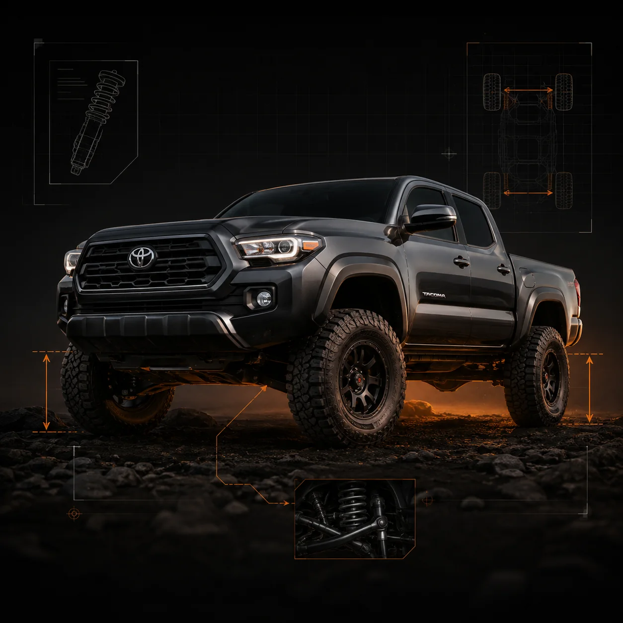 Lifted Toyota Tacoma with suspension setup visualization